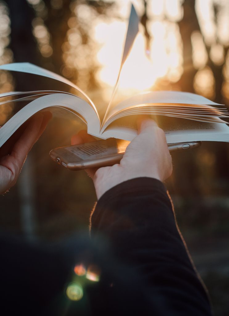 Close-up of hands holding a book and smartphone with sunlight filtering through the trees.